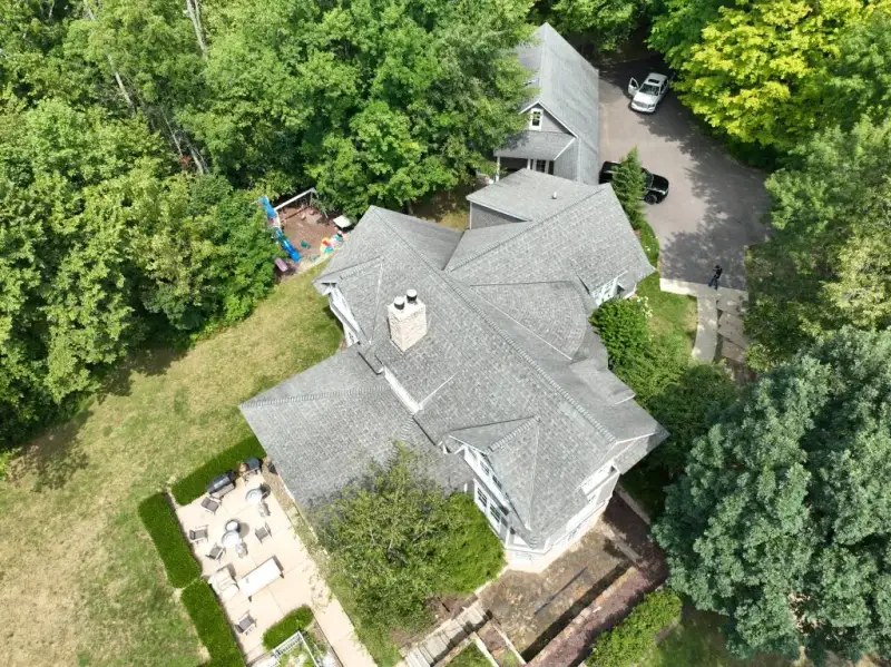Aerial roof inspection of residential home in Northeast Ohio