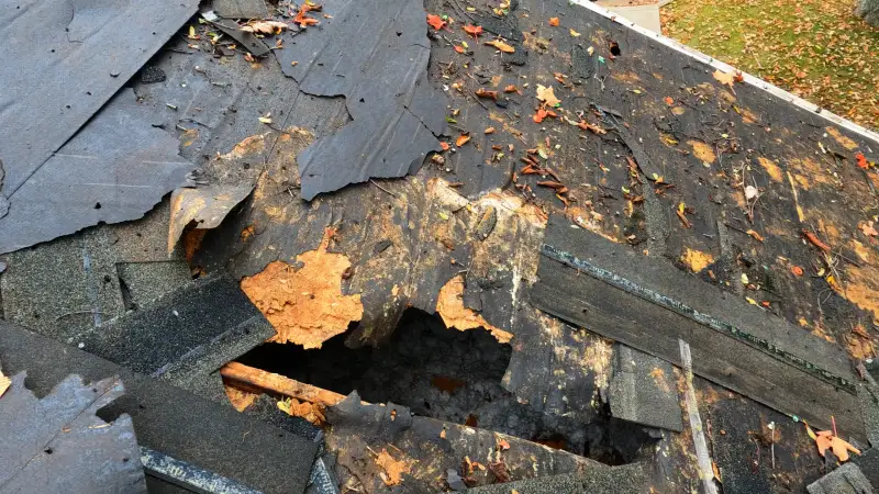Storm damaged roof with missing shingles and exposed decking in Ohio